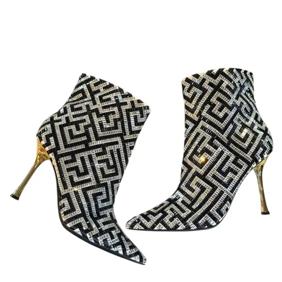 INC Black White Maze Rakima Sparkle Pointed Toe Gold Heeled Women's Boots 8 - Picture 1 of 9